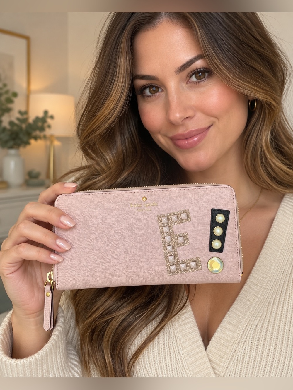 Authentic Kate Spade Pink Embellished Initial E Zip-Around Wallet
